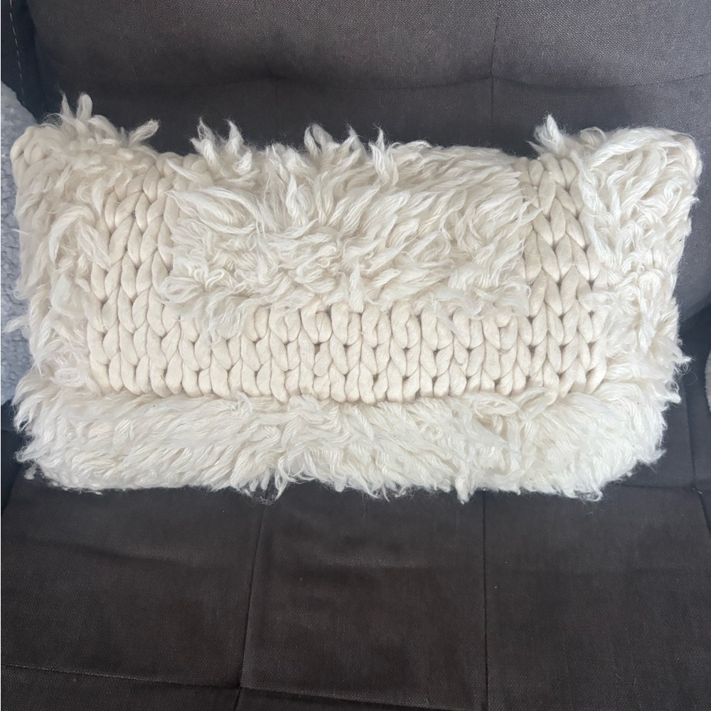Anthropologie Cream Fringed Textured Throw Pillow